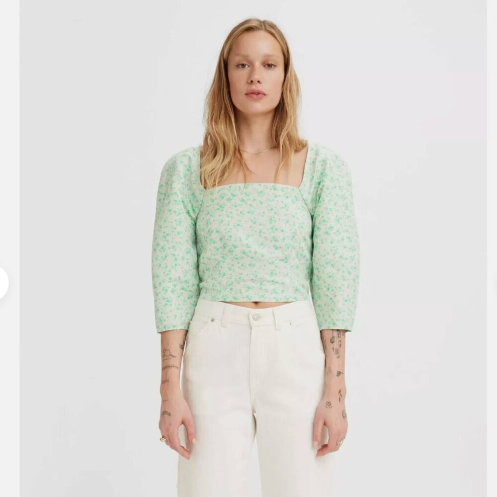 Levi’s Women’s Floral Square-Neck Puff Sleeve Top XL Pastel Floral Boho - Picture 1 of 10